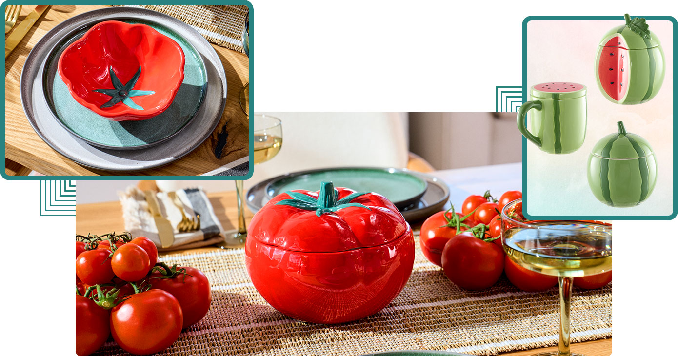 Collage: Bild1 Esstischsituation Speiseteller, Dessertteller und roter Tomatenschale, Bild 2 Esstischsituation mit Tellern, Strauchtomaten und Aufbewahrungsdose in Form einer Tomate, Bild 3 Tasse und zwei Aufbewahrungsdosen in Form einer Melone