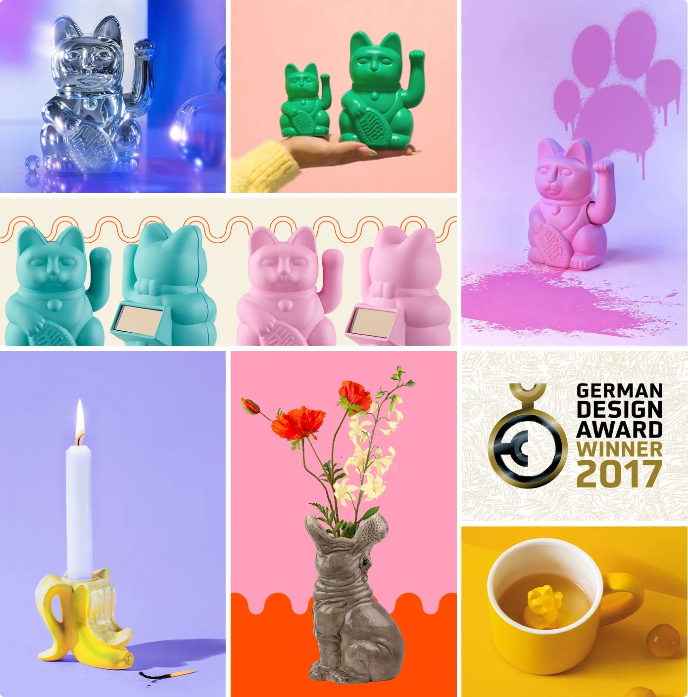 Collage aus 8 Bildern. Bild 1: Winkekatze silberfarben. Bild 2: Zwei grüne Winkekatzen in verschiedenen Höhen, stehen auf einer Hand. Bild 3:Winkekatze rosa. Bild 4: Zwei Winkekatzen mit Solarpaneel am Rücken, Farben Türkis und Hellrosa. Bild 5: Kerzenständer im Bananendesign. Bild 6: Vase im Nilpferddesign. Bild 7: German Design Award Winner 2017. Bild 8: Tasse in Gelb mit kleiner Winkekatze-Figur in der Tasse.