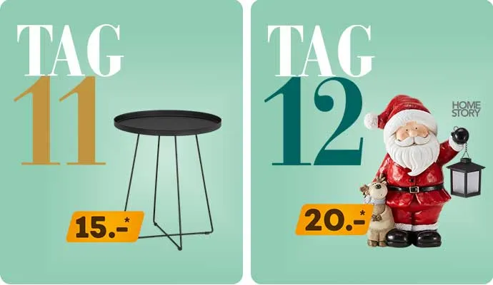 Tag 11: schwarzer Beistelltisch, 15€. Tag 12: Weihnachtsmann mit Laterne und Elch, 20€, Home Story