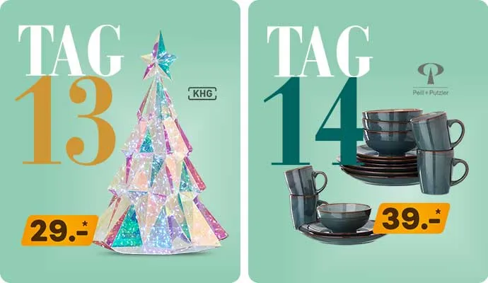 Tag 13. LED-Baum-Tischleuchte, 29€, KHG. Tag 14: grünes Geschirr-Set, 39€, Peill+Putzler