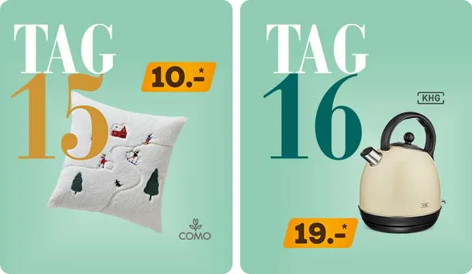 Tag 15: weißes Kissen 10€, mit Weihnachtsmotiven, como.  Tag 16: beige-schwarzer Wasserkocher, 19€, KHG