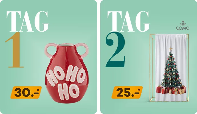 Tag 1: rote Vase mit Hohoho in Rosa und rosa Henkeln, 30€.
Tag 2: weißer LED-Vorhang mit Weihnachtsbaum, 25€, como.