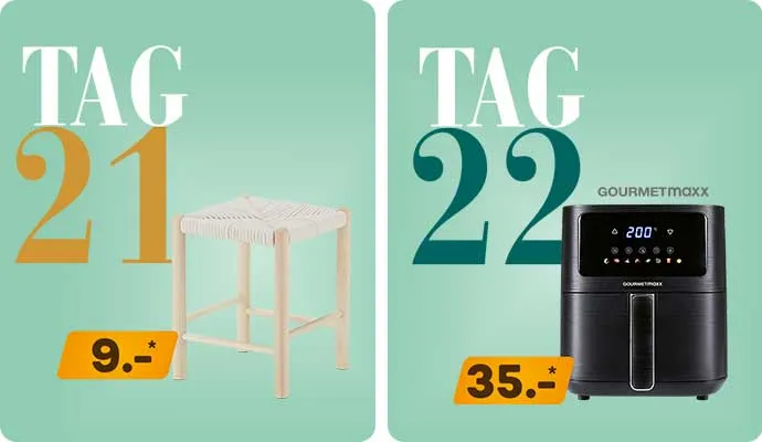 Tag 21: beiger Hocker, 9€. Tag 22: schwarze Heißluftfritteuse, 35€, Gourmetmaxx