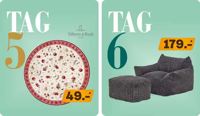 Tag 5: rot-weißer runder Teppich mit Weihnachtsmotiven, 49€, Villeroy & Boch.
Tag 6: grauer Cord-Sessel mit Hocker, 179€