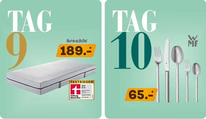 Tag 9: Matratze, breckle, 189€, Testsieger Stiftung Warentest, Gut (2,2) Breckle Weida Flex Air, Ausgabe 03/2025, www.test.de. Tag 10: Besteck, 65€, WMF