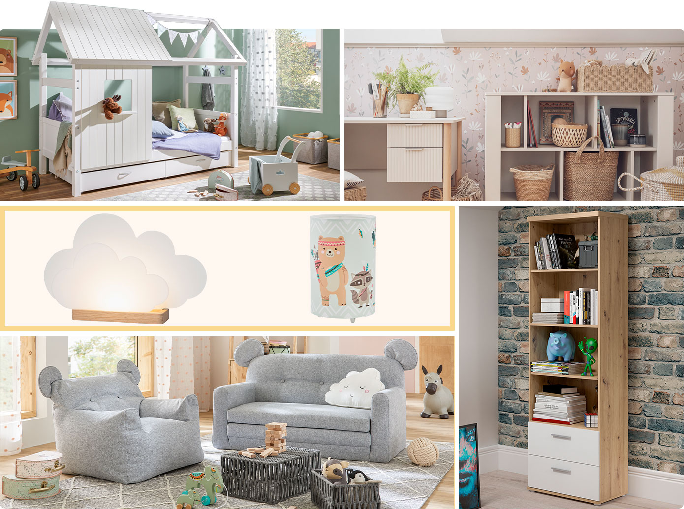Collage aus 5 Bildern. Bild 1: Weißes Spielbett in Hausoptik, Lauflernwagen, Spielzeug in einem Kinderzimmer. Bild 2: cremefarbiger Schreibtisch und Regal mit Büchern, Spielzeug. Bild 3: Tischleuchte in Wolkenform, Tischleuchte aus Stoff mit Tiermotiven, Bild 4: Sitzsack und Kindersofa in Grau mit Teddyohren in einem Kinderzimmer. Bild 5: Standregal in Holzoptik und Weiß mit Büchern und Deko 