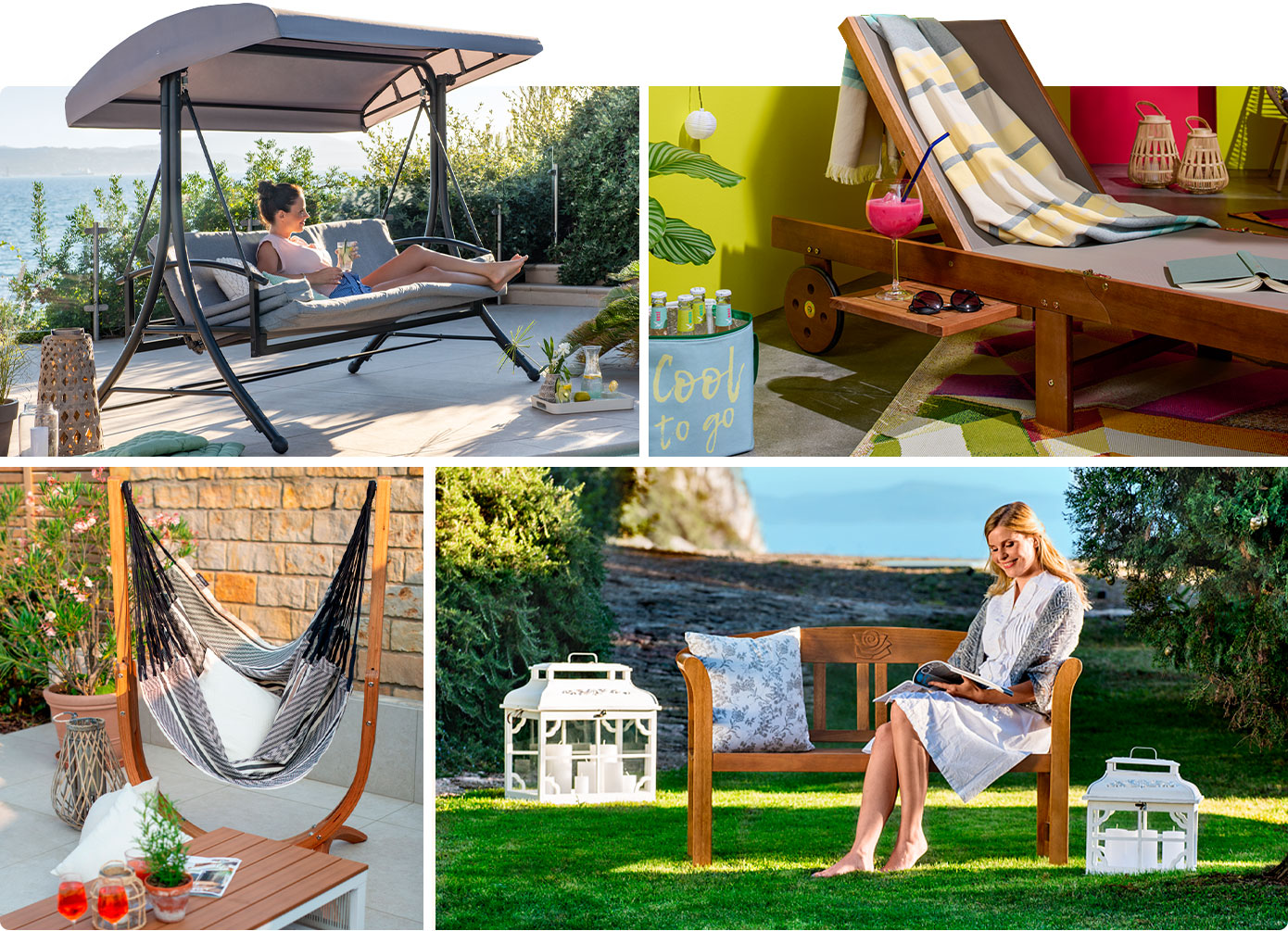 Collage aus 4 Bildern. Bild 1: Frau liegt auf grauer Hollywoodschaukel auf Terrasse. Bild 2: Gartenliege aus Holz und Textilgewebe mit gestreifter Decke, Buch, Getränken, Kühltasche mit Aufdruck Cool to Go. Bild 3: Hängesessel aus Stoff an Holzgestell, Gartentisch, Deko, auf Terrasse. Bild 4: Frau mit Zeitschrift sitzt auf Holz-Gartenbank, weiße Laternen, Rasen