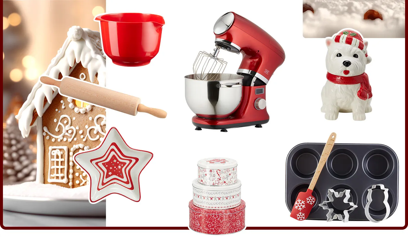Collage rund um die Weihnachtsbäckerei: rote Rührschüssel, rote Küchenmaschine, weiß-rote Hunde-Keksdose, 3er-Set rote und weiße Keksdosen, rot-weißer Weihnachtsteller Stern, Backset mit Muffinform, 1 Teigschaber und 2 Keksausstechern