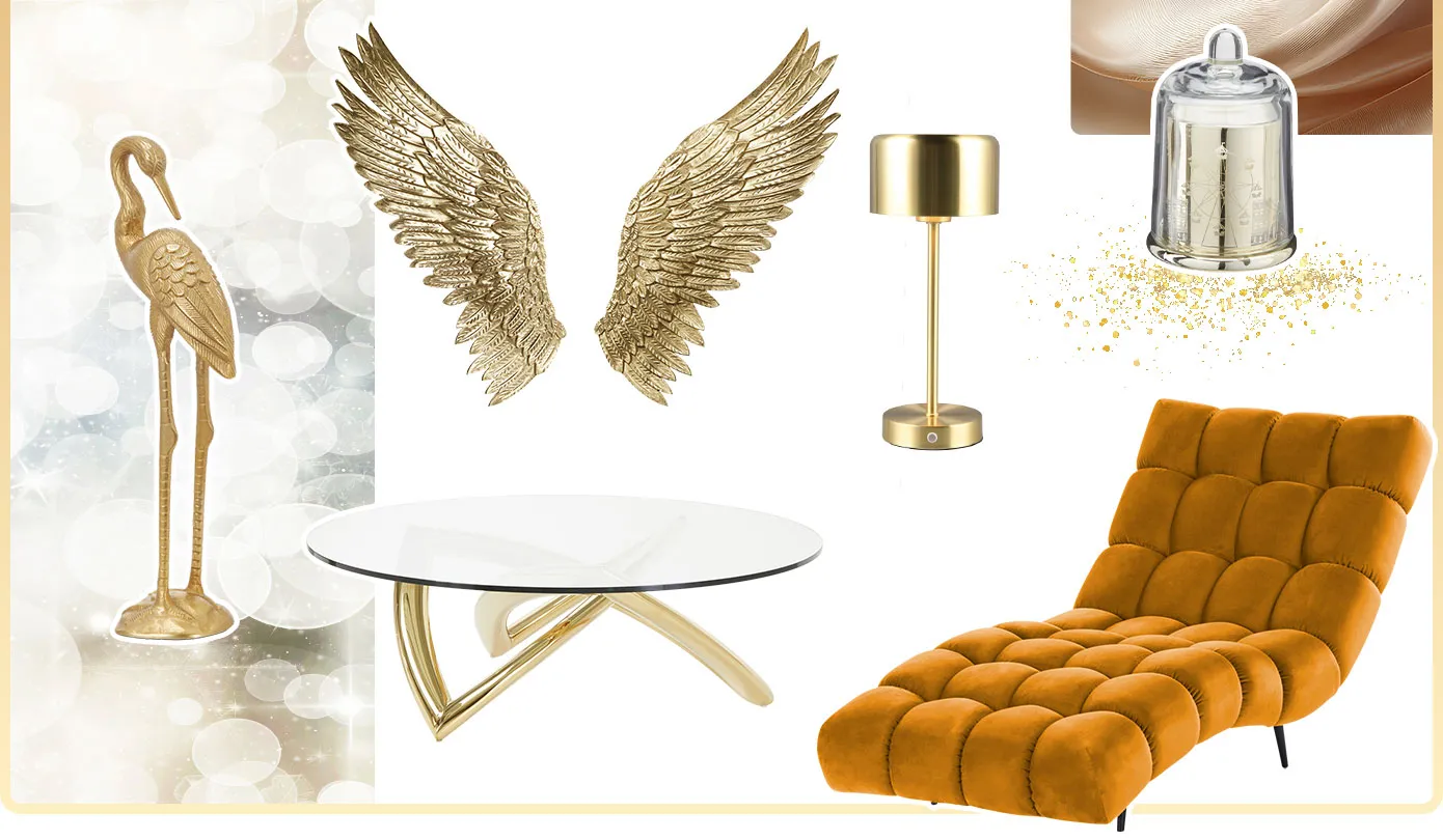 Collage: goldener Kranich, goldene Deko-Flügel, goldene Tischleuchte, goldene Kerze im Glas, Couchtisch mit Glasplatte und Gold-Gestell, Relaxliege in Goldgelb