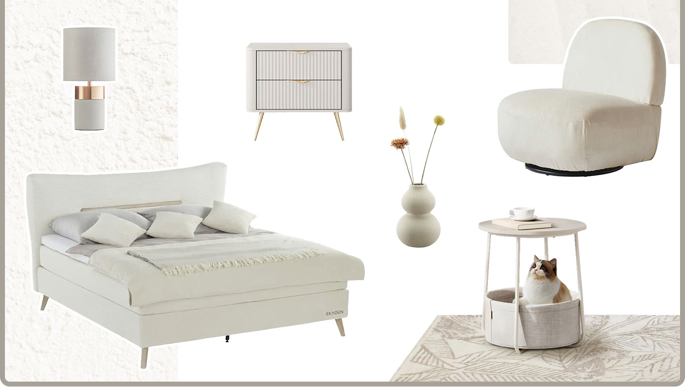 Collage mit Produkten im Farbton Cashmere: Tischlampe mit rundem Fuß und Metallakzent, Polsterbett, Nachtkommode mit goldfarbenen Griffen und Füßen, drehbarer Sessel ohne Armlehnen, Vase in bauchiger Form, Beistelltisch mit Ablagekorb unten, Teppich mit Blattmuster