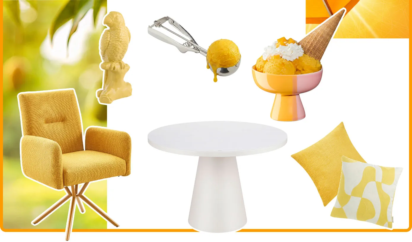 Collage aus verschiedenen Produkten und Stimmungsbildern. Produkte: Polsterstuhl in Gelb, gelber Deko-Papagei, weißer runder Esstisch, Eiskugelformer, Eisschale in Gelb & Rosa, Kissen Gelb, Kissen in Gelb und Weiß. Stimmungsbilder: Mangobäume, orangener Sonnenschirm und Sonnenstrahlen.