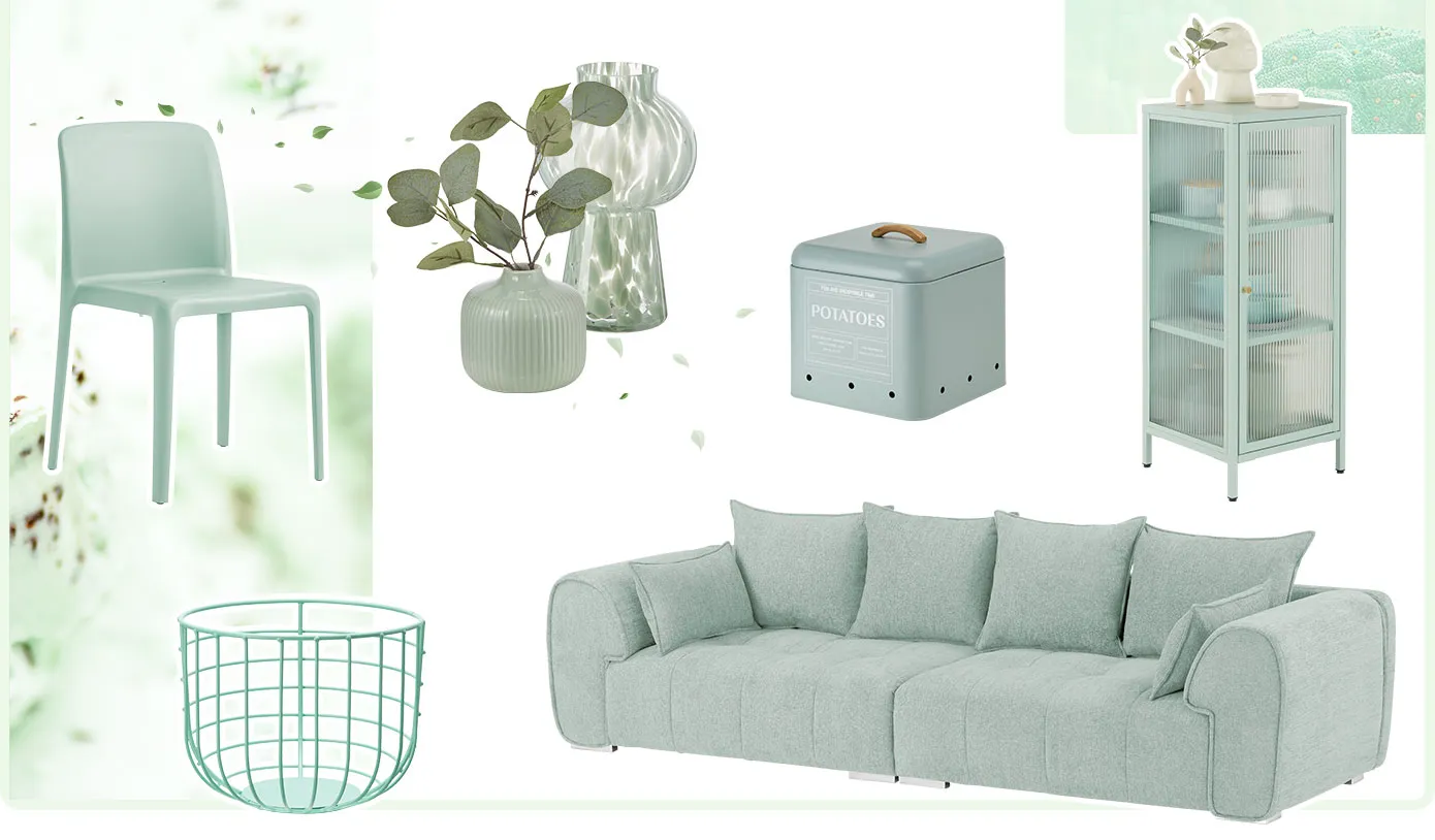 Collage mit Möbeln und Wohnaccessoires in mintgrün: Stuhl, Karamikvase mit Eukalyptuszweigen, Glasvase mit Tupfen, Aufbewahrungsdose mit Aufdruck Potatoes, Vitrine, Korb und Einzelsofa