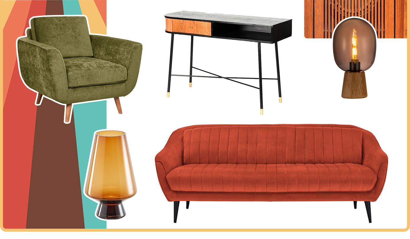 Sessel, Konsolentisch, Lampe, Vase und Sofa im Retro-Stil