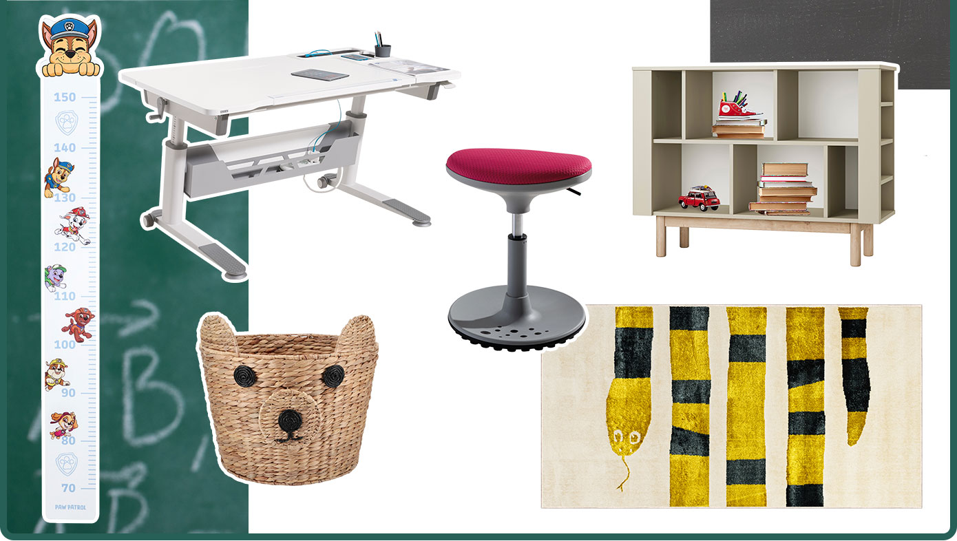 Collage mit Messlatte Paw Patrol, Schreibtisch, Korb in Hundeform, Sitzhocker, Regal, Teppich mit Schlangen-Muster. Dazu als Hintergrund: Schultafel mit Kreide