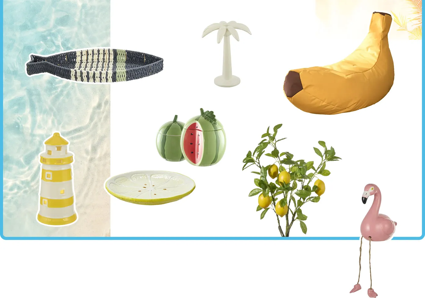 Collage: blau-weiße Dekoschale in Fischform, weißer Kerzenhalter in Palmenform, gelber Bananen-Sitzsack, Deo-Leuchtturm in Gelb-Weiß, grüne bzw. grün-rote Deko-Dosen in Melonenoptik, gelb-weißer Teller in Zitronenform, Kunst-Zitronenbaum, rosa Deko-Flamingo mit Hängebeinen