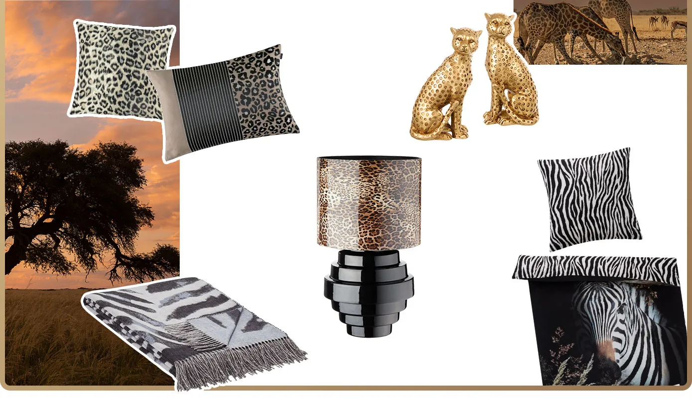 Collage: 2 Kissen, Wohndecke, Bettwäsche, Lampe, 2 Deko-Figuren 