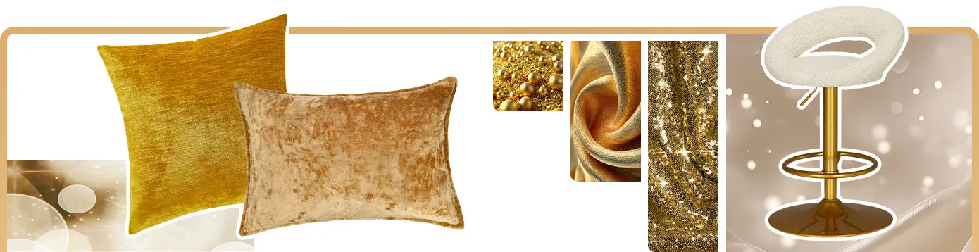 Collage: zwei goldene Kissen und ein weißer Barhocker mit goldenem Gestell