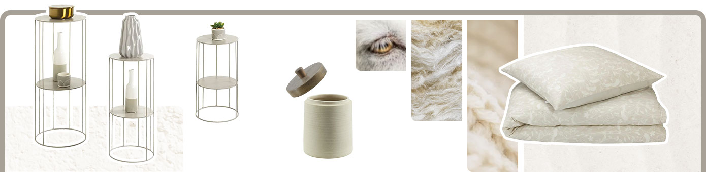 Collage mit Produkten im Farbton Cashmere: 3er-Set Blumenständer in runder Form, dekorative Dose aus Keramik und Holz, Bettwäscheset mit floralem Muster. Im Hintergrund: Detailansichten von Strickware und hellem Fell