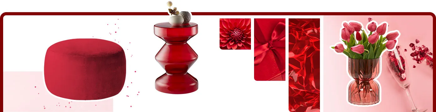 Collage mit verschiedenen Produkten und Mustern. Muster: Sektgläser mit roten Pailletten, rote Blume, rotes Geschenk, roter Kristallstein. Produkte: roter Glastisch, rosa Vase mit rosa Tulpen, roter Pouf