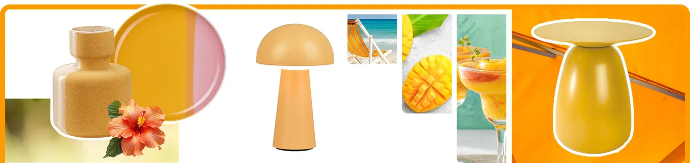 Collage aus verschiedenen Produkten und Stimmungsbildern. Produkte: Vase in Gelb-Orange, Teller in Gelb und Rosa, Akkuleuchte in Gelb, Beistelltisch in Gelb. Stimmungsbilder: Hibiskusblüte, Liegestuhl am Strand, aufgeschnittene Mango, Cocktailglas mit Mango Sorbet, orangener Sonnenschirm.