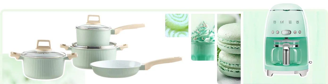 Collage: minfarbiges Topfset mit beigen Akzenten, smeg Kaffeemaschine