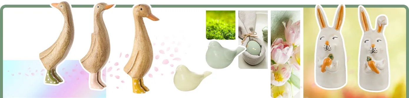 Collage Österliche Frühlingsboten: zwei Dekofiguren Hase, drei Dekofiguren Enten, zwei Dekofiguren Vögel in Pastellgelb und Pastellgrün