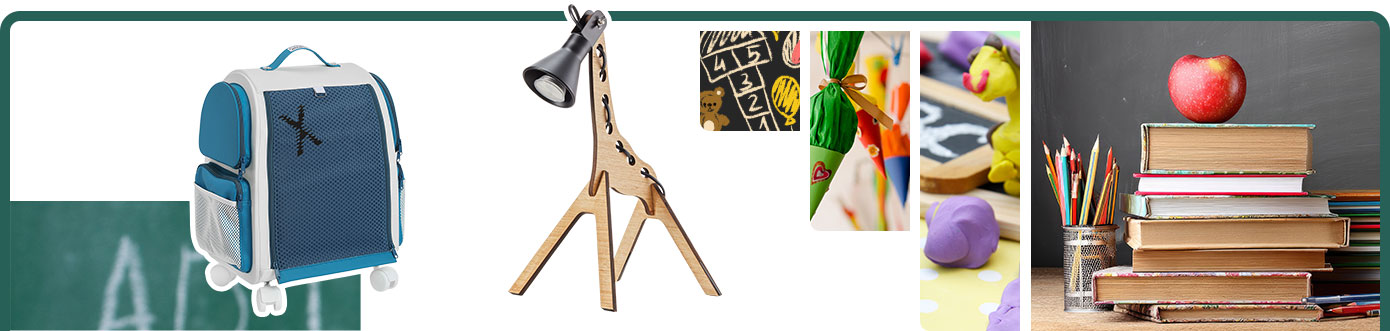 Collage mit Rollcontainer & Schreibtischlampe in Giraffenform, dazu als Hintergrund: Schultafel, Schultüten, Knete, Schulbücher