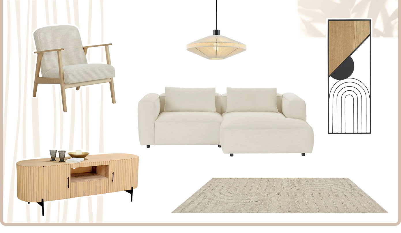 Collage aus hellen Artikeln mit schwarzen oder Holzakzenten: Sessel aus Cord mit Holzgestell, weißes Sofa, geometrische weiße Lampe mit schwarzem Kabel, Wandbild aus geometrischen schwarzen und Holzformen, ellipsenförmiges Lowboard mit schwarzen Akzenten an Griffen und Füßen, beiger Teppich mit geometrischem Muster