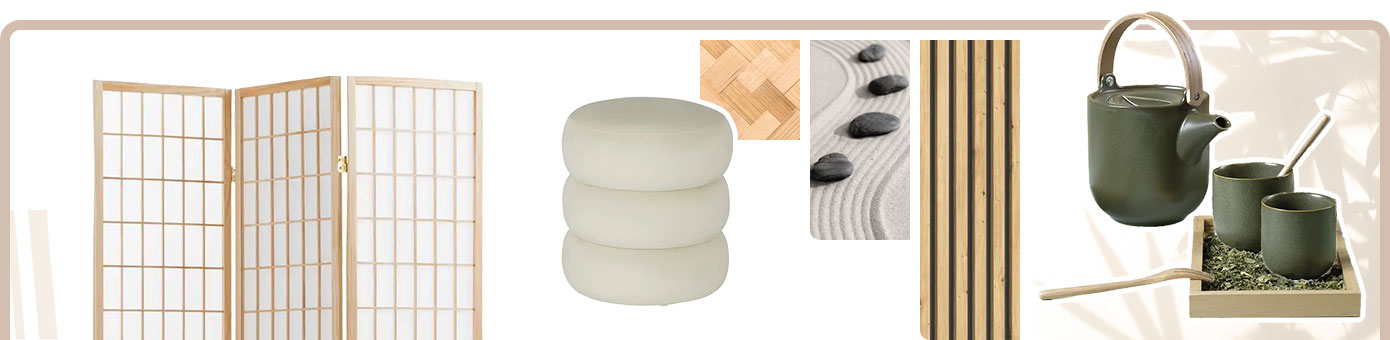 Collage aus Artikeln: Paravent in weiß mit Holzrahmen, weißer, runder Pouf, grün-hölzernes Teeset aus Kanne und Bechern. Dazu Detailansichten eines Bambusgeflechtes, von schwarzen Steinen in einem Zen-Garten und langen, parallelen Holzlatten mit schwarzen Zwischenräumen.