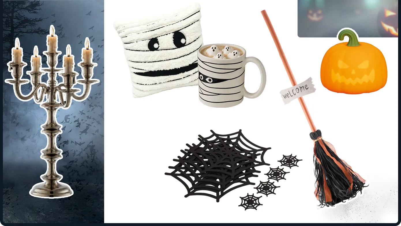Collage: silberfarbiger Kerzenständer mit 6 Kerzen, weißes-Mumienkissen mit schwarzen Akzenten, weiße Mumien-Tasse mit schwarzen Akzenten, orange Kürbis-Leuchte, Deko-Besen mit Aufdruck Welcome, Tischset und Untersetzer in schwarzer Spinnweben-Optik.