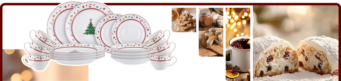 Collage mit Produkten zum Thema Weihnachtsbäckerei: Weihnachts-Kaffeeservice in Weiß mit rot-buntem Dekor