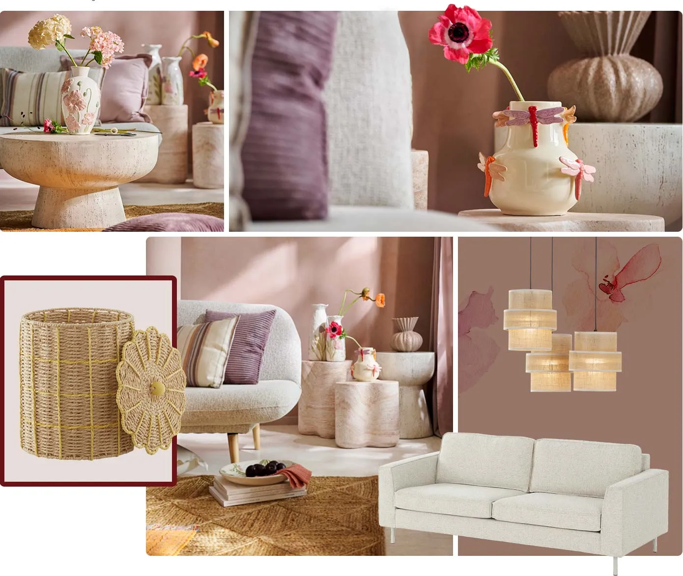 Collage. Bild 1: Runder Couchtisch in Steinoptik mit weißer Vase mit Blumenmotiv, im Hintergrund ein Sofa und weitere Tische, Deko.  Bild 2: Weiße Vase mit bunten Libellen, Mohnblume. Bild 3: Geflochtener Korb, offen mit daneben liegendem Deckel. Bild 4: hellgraues Sofa mit gestreiftem und lila Kissen, Juteteppich, Couchtische in Steinoptik mit Vasen, Deko. Bild 5: weißes Sofa und Pendelleuchte mit 3 beigen Stoffschirmen.