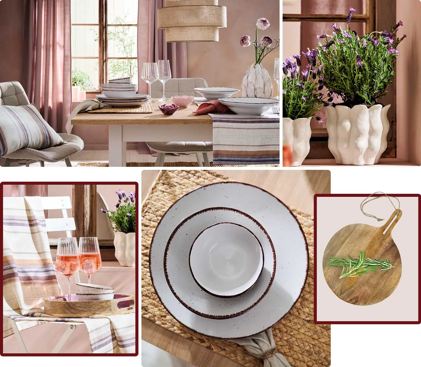 Collage. Bild 1: Gedeckter Holztisch mit Tischläufer, Platzsets, grauem Geschirr mit dunklem Rand, Weingläsern, Blumenvase und Teelichthaltern in Blütenform, Pendelleuchte mit Stoffschirm im Esszimmer. Bild 2: weiße Übertöpfe mit Lavendel vor Fenster. Bild 3: weißer Klappstuhl mit gestreifter Tischdecke, Tablett und Weingläsern mit Getränk, 2 graue Schalen mit dunklem Rand. Bild 4: Draufsicht auf graues Geschirr mit braunem Rand, Platzset in Flechtoptik. Bild 5: Holztablett mit Rosmarin.