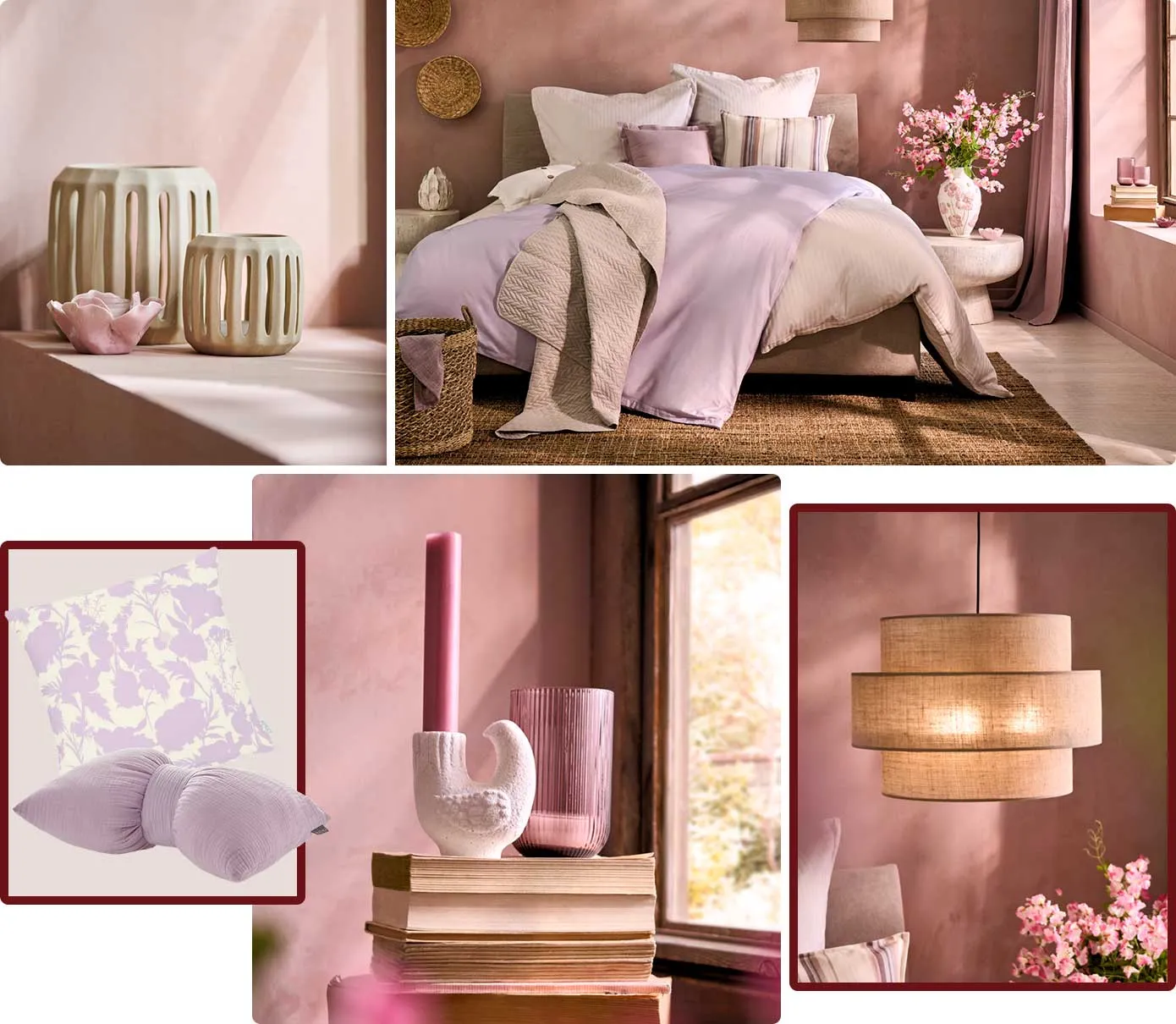 Collage. Bild 1: 2 beige, unterschiedlich große Windlichter. Bild 2: Beiges Bett mit beiger und fliederfarbiger Bettwäsche, beige Tagesdecke, fliederfarbiges und gestreiftes Kissen, Jute-Teppich, Geflechtkorb, weitere Deko in einem Schlafzimmer. Bild 3: weiß-fliederfarbiges Kissen mit Blütenmuster, fliederfarbiges Kissen in Schleifenform. Bild 4: Bücher mit weißem Kerzenhalter in Vogelform, lila Glas-Windlicht. Bild 5: Pendelleuchte mit beigem Stoffschirm. 