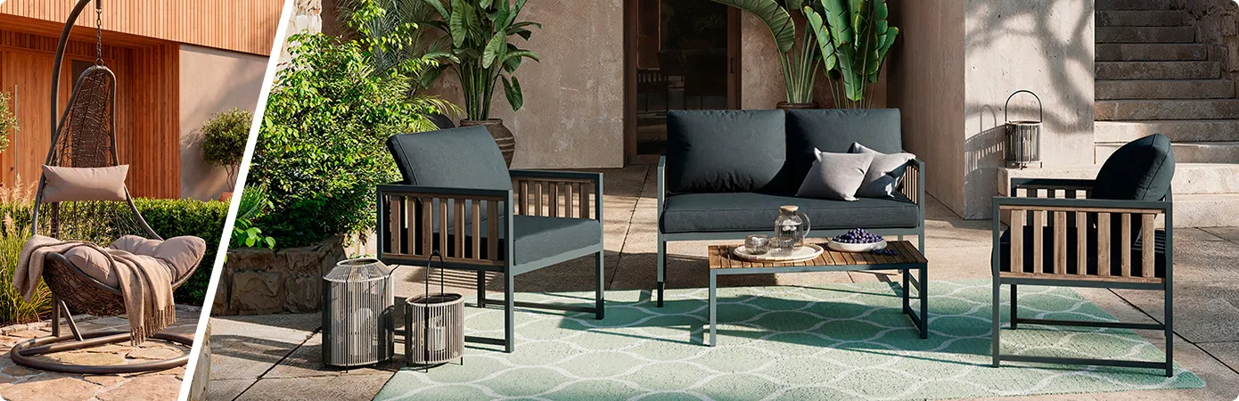 Collage aus 2 Bildern. Bild 1: Hängesessel. Bild 2: Terrasse mit Loungegruppe bestehend aus 2 Sesseln, Sofa und Tisch 