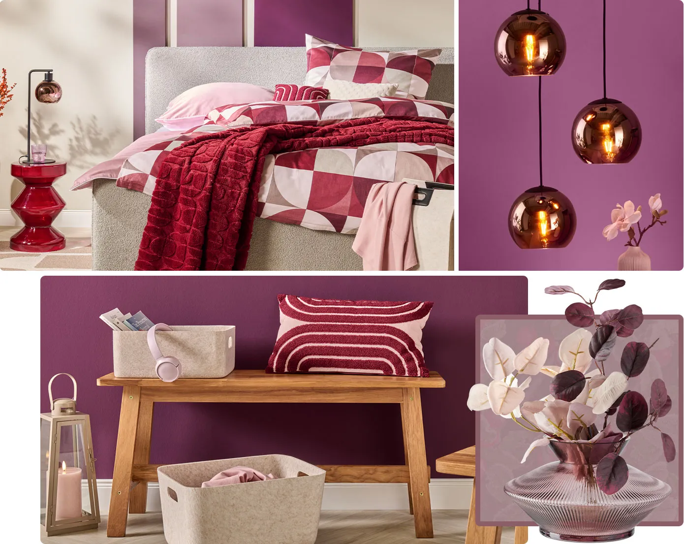 Collage. Bild 1: Schlafzimmer, hellgraues Bett mit rosa und mehrfarbiger Bettwäsche mit grafischem Muster, rote decke, rot gemustertes und weißes Dekokissen, roter Beistelltisch mit Tischleuchte und rosa Glas. Bild 2: Pendelleuchte mit 3 kupferfarbigen Schirmen. Bild 3: Holzbank mit Filzorganizern in Creme, rot-creme gemustertes Kissen, Laterne in Creme mit roda Kerze. Bild 4: lila Glasvase mit rosa und lila Kunstblumen. 